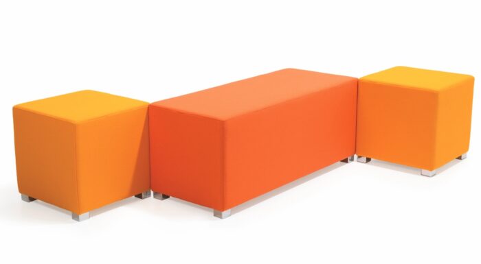 Link Breakout Seating a bench module shown with two cube modules in orange upholstery