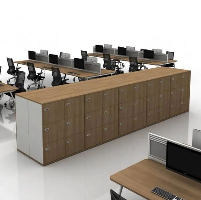 MFC Lockers - five 3-high and 2-wide units in a row, shown by banks of desks