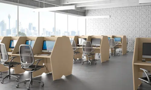 Mac Call Desks groups of double sided desks shown in an open plan office space