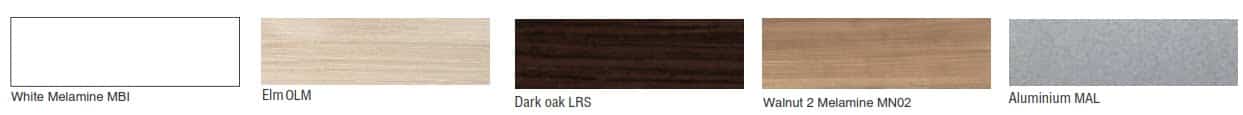 Mac-Call Desks wood finish options - white melamine, elm, dark oak, walnut melamine, aluminium