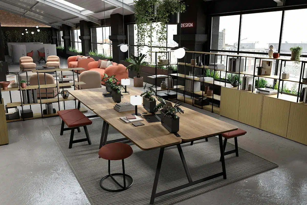 Mallet Light shown free-standing on a bench desk in a breakout space