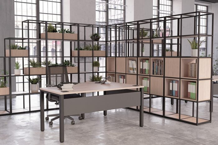 Matrix Storage L shape grid storage units shown with a desk in an open plan office