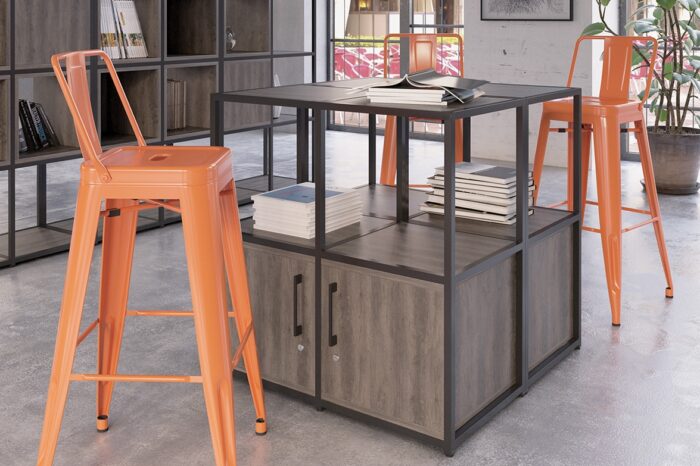 Matrix Storage locker units with single height grid frame being used as a table in a breakout space