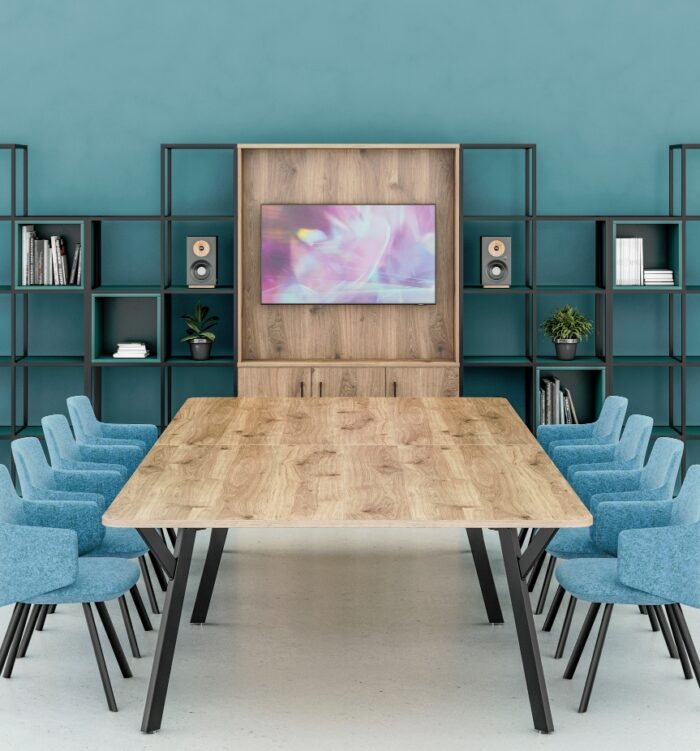 Matrix Storage shelving grid with a TV unit, shown with a Y-leg table and 8 Melody chairs in a meeting room