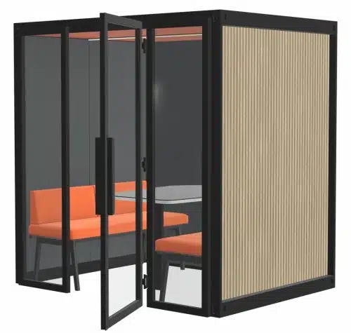 Meeting Booth - 4 person booth with oak veneer slatted exterior, integrated table and seating
