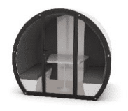Meeting Pod 4 person fully enclosed with acoustic back panel, double glazed front, air extraction, acoustic foam interior, seating, table power and lighting pack