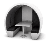 Meeting Pod 4 person part enclosed with acoustic back panel, acoustic foam interior, seating, table power and lighting pack