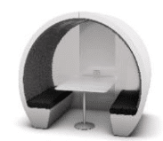 Meeting Pod 4 person part enclosed with glass back panel, acoustic foam interior, seating, table power and lighting pack