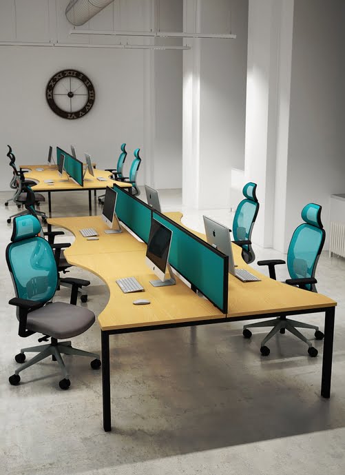 Mesa Bench Desk 2 banks of 4 user double sided double wave desks with screens and task chairs in a work space