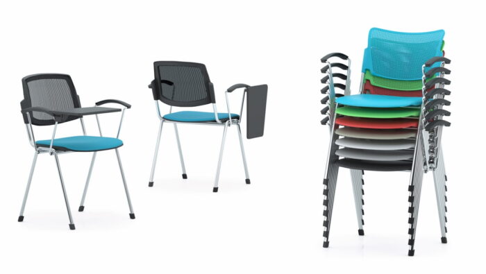Mia Meeting Chair stacked chairs with breathable plastic backs next to two chairs with mesh backs, upholstered seat pads and black plastic writing tablets