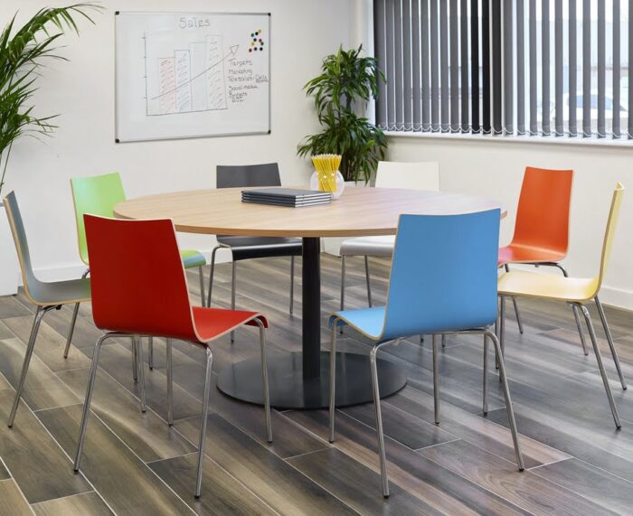 Jinx Chairs And Stools eight 4 leg chairs in various colours arranged around a circular dining height table