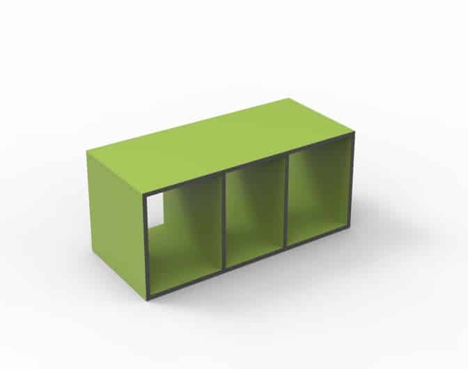 Minack Tiered Seating MIN 001 single tier module with 3 narrow compartments shown in green laminate