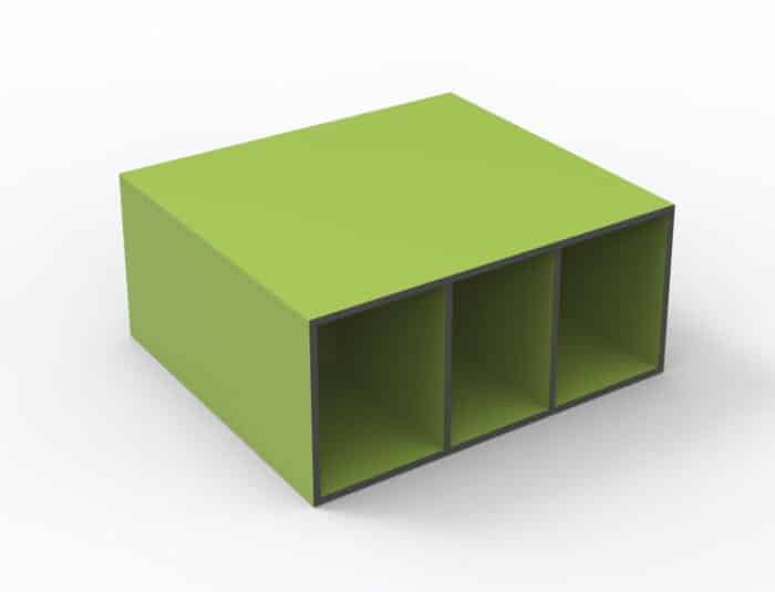 Minack Tiered Seating customised extra deep single tier module with 3 compartments in green finish
