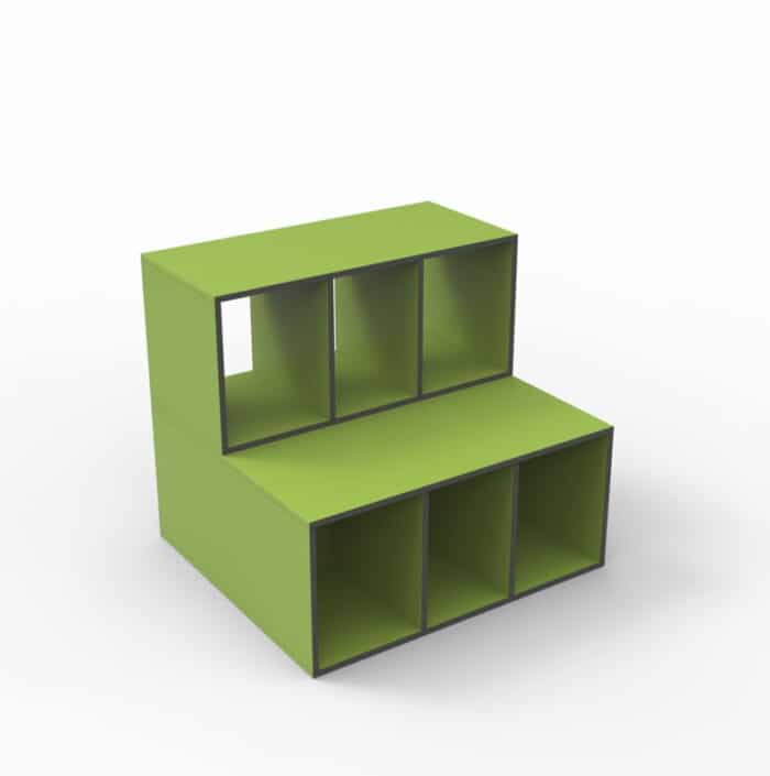 Minack Tiered Seating three tier module with custom made 6 narrow compartments in green finish