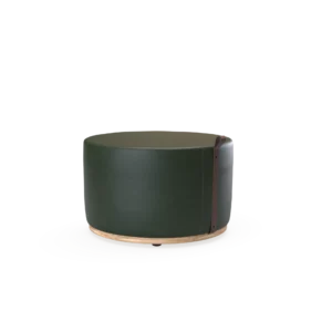 Moat High Round Stool on a light wooden circular base, with a brown strap