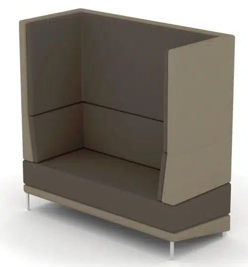 Mount Booth two seater booth shown with two-tone upholstery and polished chrome feet