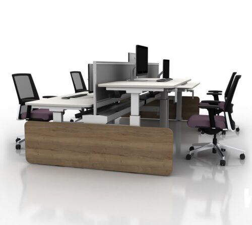 Move3 Height Adjustable Desks 2 back to back benches shown in white with S1 screens and optional cable tray chains, slim line end cladding shown in Jura Oak