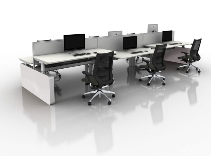 Move3 Height Adjustable Desks - back to back benches shown in white with slimline end cladding in Dove Grey and Nero meshback chairs