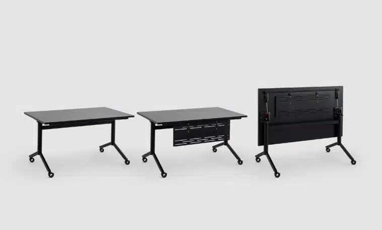 Multibase B2 Folding Table three tables shown assembled with and without modesty panel, and folded down