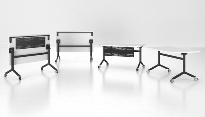 Multibase B2 Folding Table with black frames and white tops shown assembled and folded, two with black modesty panels