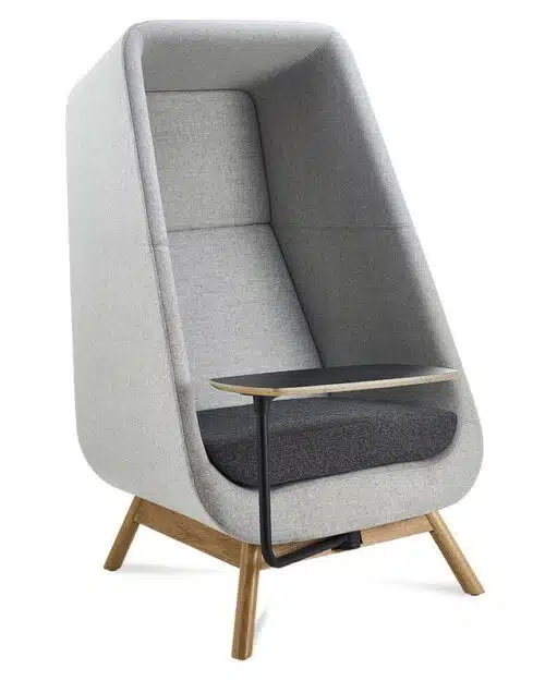 Muse Privacy Booth with oak wood frame in two tone fabric and writing tablet with black top