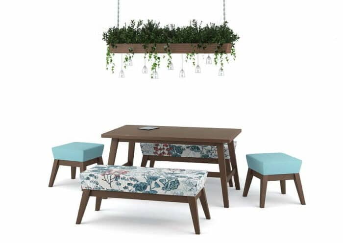 Natta Tables Benches And Stools shown with a suspended planter above