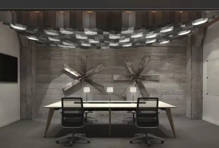 Nero Mesh Back Task Chair shown around a bench table in a meeting space