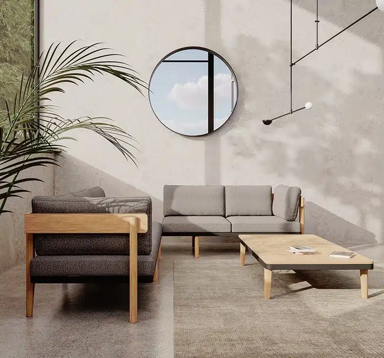 Neve Seating corner configuration comprised of a 3 seat sofa with right hand arm and a 2 seat sofa with left arm and right hand table shown with a double free standing table