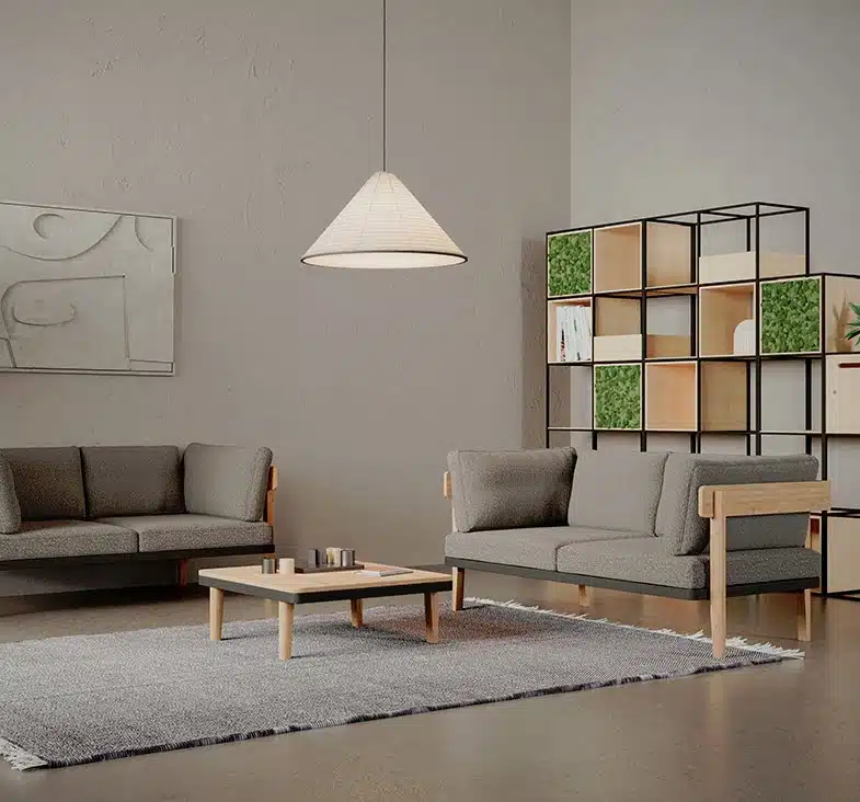 Neve Seating two 2 seat sofas shown with a single free standing table in a breakout space