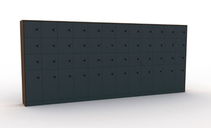 Nomad Lockers 48 door locker unit with combination locks shown with dove grey, carbon grey and sorrentlo walnut board finishes