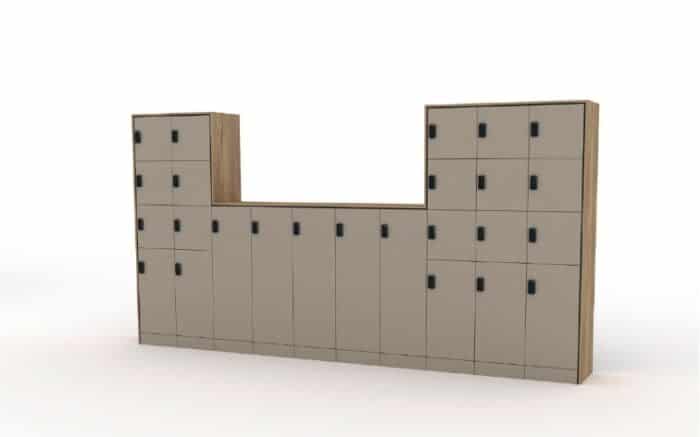 Nomad Lockers mutli-level unit shown with Smart RFID Code Locks in dove grey, stone grey and jura oak board finishes