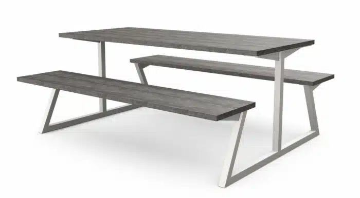 Nova Table And Bench shown with grey wood grain tops and light grey frame