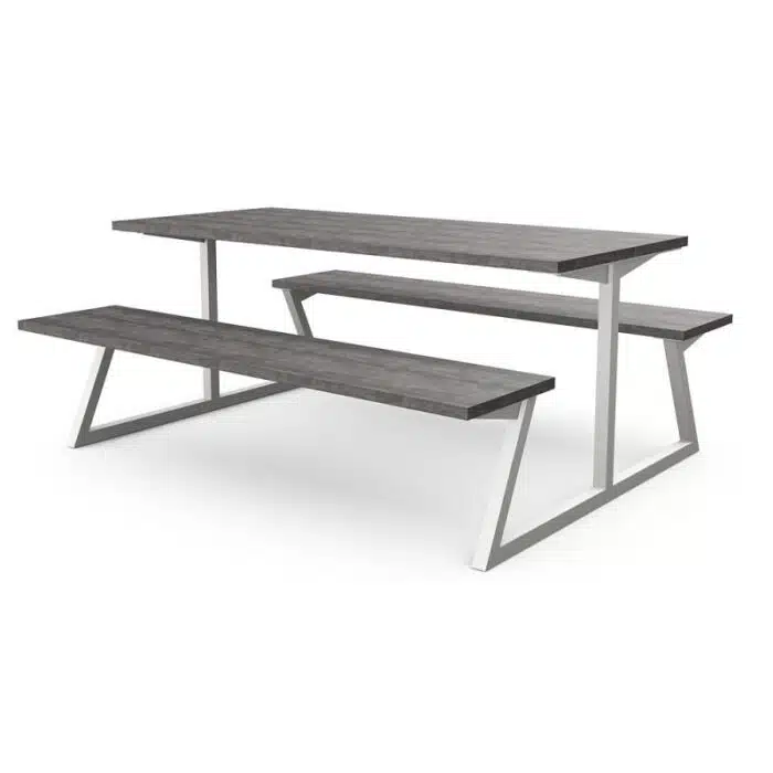 Nova Table And Bench shown with grey wood grain tops and pale grey frame
