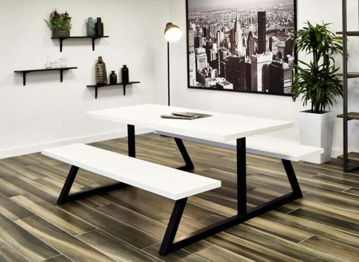 Nova Table And Bench shown with white tops and black frame