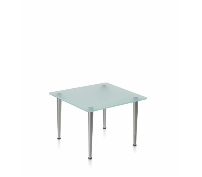 Nova Tub Chair & Sofa square table with frosted glass top and silver tapered legs NVT03
