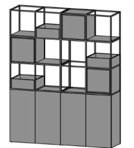 Novus Modular Shelving example configuration 1 -2 x (2x3) Frame, 2 x Double Base Cabinet, 3 x MFC Locker, 3 x MFC Planter, 3 x MFC Shelf