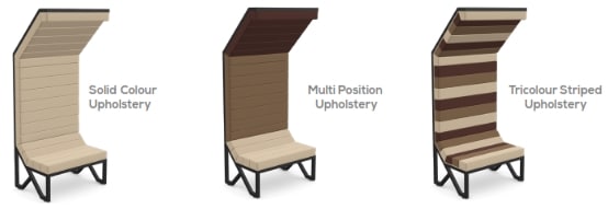 ONE Booth upholstery options - solid colour, multi position or tricolour striped