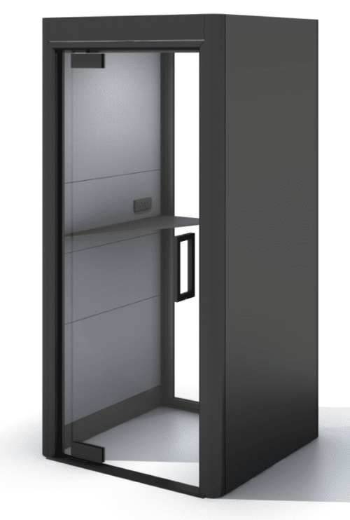 Oasis Linear Phone Booth with glass door and rear wall, small worksurface and black exterior