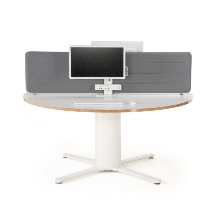 Orb Desk shown with desk screens and above desk power, in white finish