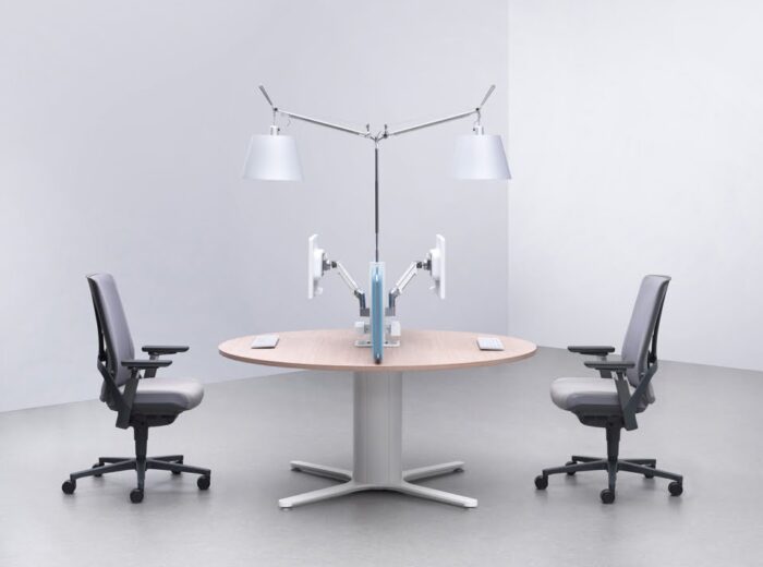 Orb Desk with white base and a dual light