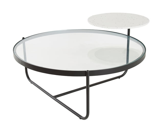 Orbit Coffee Table with clear glass lower top and recycled plastic upper top, black metal frame OBL.BK