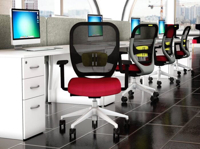 Oscar Meshback Task Chair 4 chairs with arms, white bases and black meshback shown by a bench desk