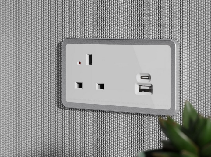 Oslo Power Module 102 series panel mounted unit shown in white with power and USB charging sockets