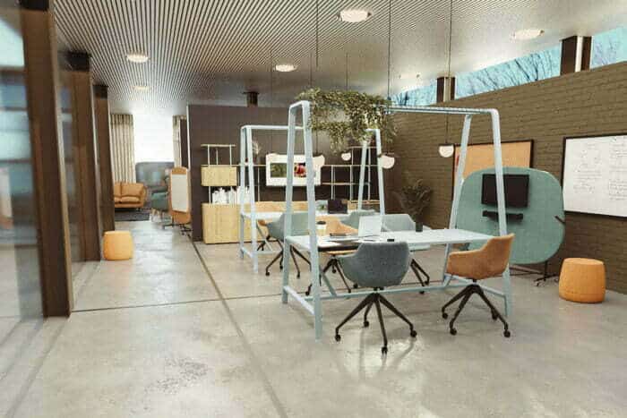 Osti Cloud Table two 1200x800 tables shown with hanging plants in an open plan office