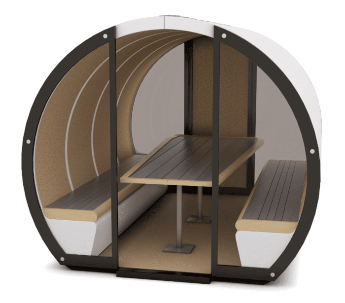 Outdoor Meeting Pod 8 seat unit with seating, table, glass back wall and partially glazed front