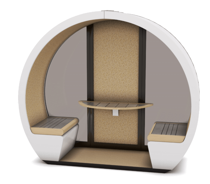 Outdoor Meeting Pod 2 seater unti with back wall and open front, seating and small worksurface