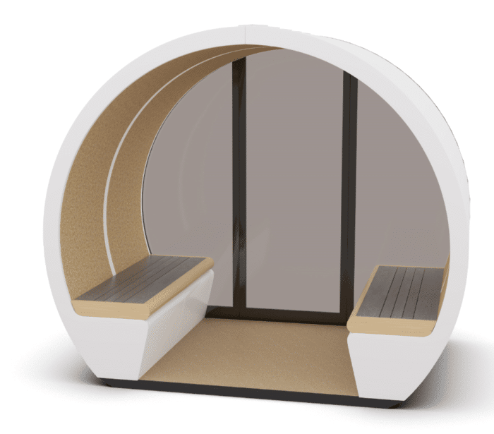 Outdoor Meeting Pod 4 seater unti with glass back wall and open front, seating and