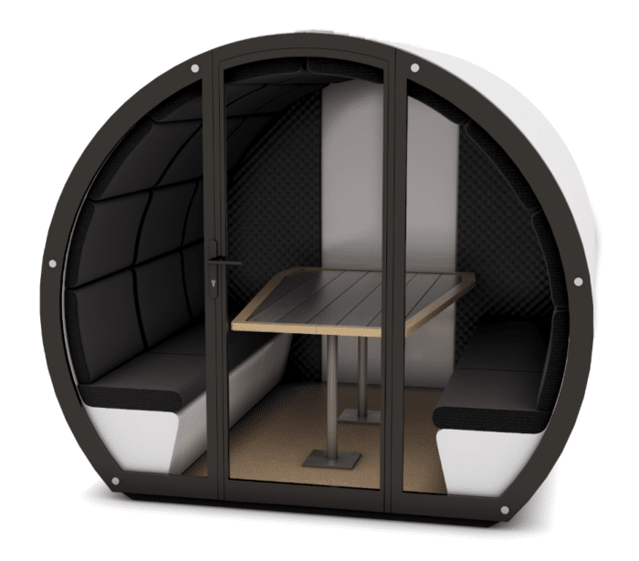 Outdoor Meeting Pod 6 seat unit with bakc wall, glass front with door, seating and a table