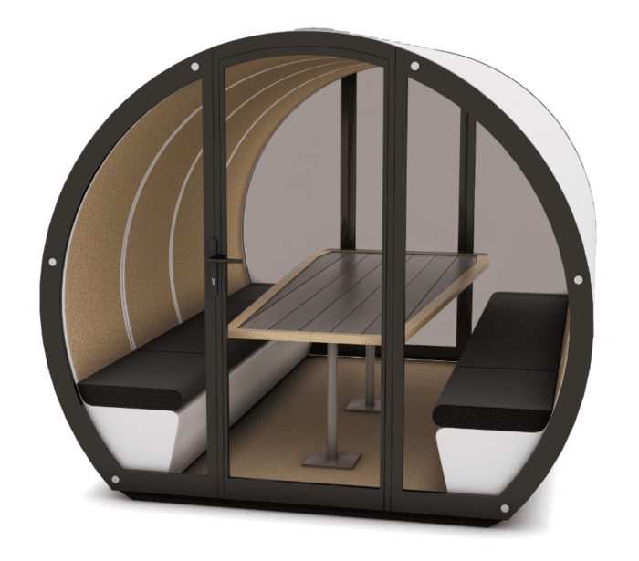 Outdoor Meeting Pod 8 seat unit with seating, table, glass back wall and glass door