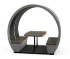 Outdoor Meeting Pod OPEN unit with composite wood effect interior, seating, fixed table and flooring